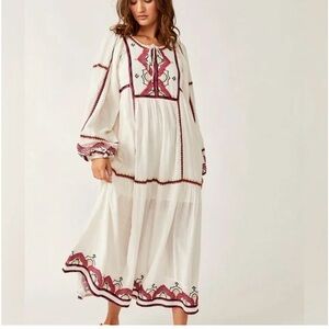 Free People Sweet escape ivory Boho Dress with Red Embroidery 🔥I have size S & M